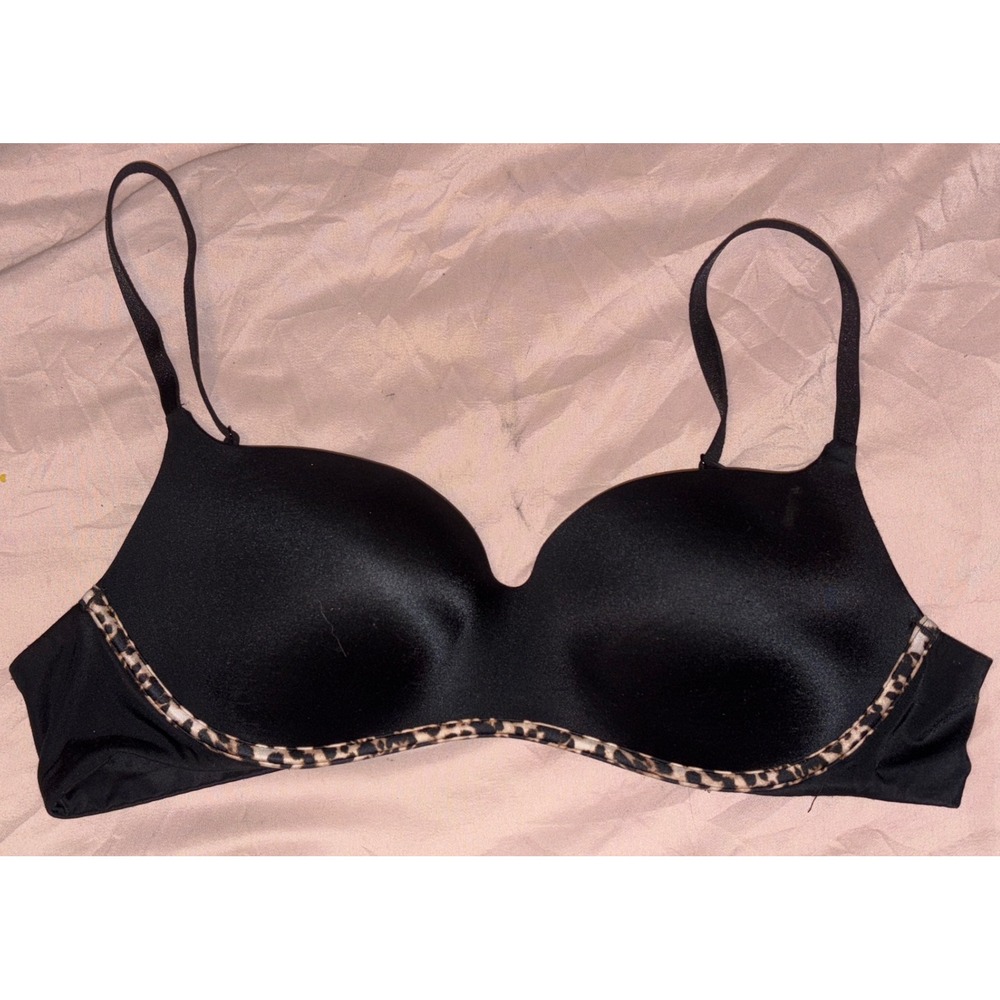 Victoria's Secret Black Padded Cheetah Detail Balconette Bra, 36B